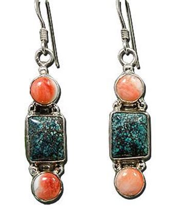Chinese Turquoise & Pink Coral Silver Earrings